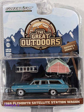 Load image into Gallery viewer, 1969 Plymouth Satellite Station Wagon Blue Metallic with Camp'otel Rooftop Sleeper Tent "The Great Outdoors" Series 1 1/64 Diecast Model Car by Greenlight